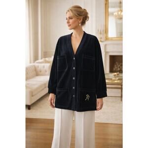 Sonia Rykiel Paris Velvet Jacket Black Oversized Cardigan L Embroidered SR